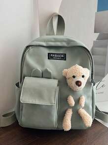 兒童字母圖案熊和可調節帶裝飾拉鍊經典背包 - 綠色 - 查看 1