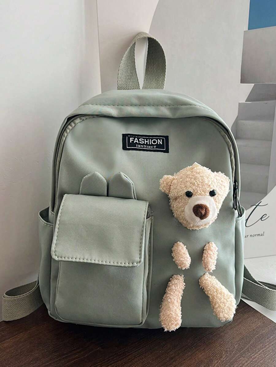 兒童字母圖案熊和可調節帶裝飾拉鍊經典背包 - 綠色 - 查看 1