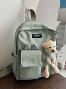 兒童字母圖案熊和可調節帶裝飾拉鍊經典背包 - 綠色 - 查看 2