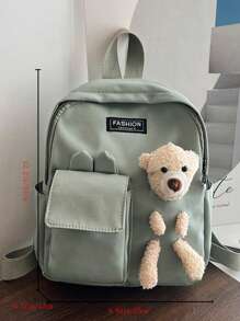 兒童字母圖案熊和可調節帶裝飾拉鍊經典背包 - 綠色 - 查看 4