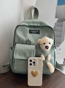 兒童字母圖案熊和可調節帶裝飾拉鍊經典背包 - 綠色 - 查看 6