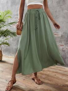 SHEIN LUNE Tie Waist Split Thigh Skirt - Green - View 1