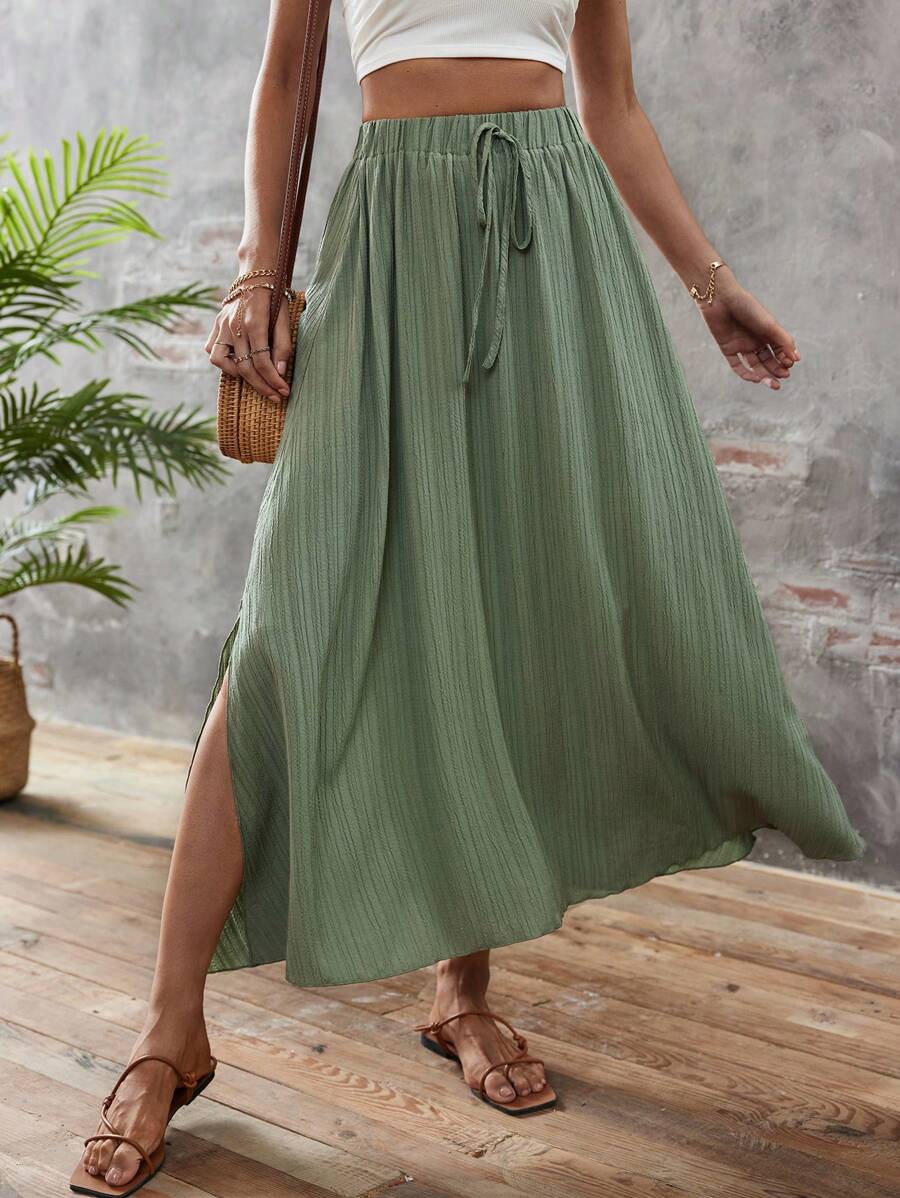 SHEIN LUNE Tie Waist Split Thigh Skirt - Green - View 1