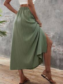 SHEIN LUNE Tie Waist Split Thigh Skirt - Green - View 2