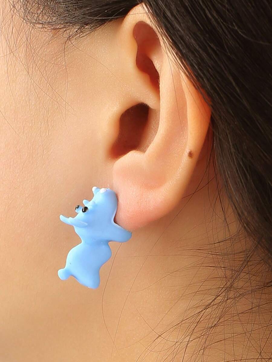 2入組綠色3D卡通恐龍造型樹脂耳環，時尚可愛，適合女性日常休閒穿著和外出。 - 彩色 - 查看 1