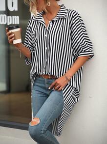 SHEIN LUNE Striped Print Batwing Sleeve High Low Hem Shirt - Black and White - View 1