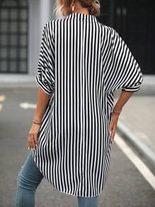 SHEIN LUNE Striped Print Batwing Sleeve High Low Hem Shirt - Black and White - View 2