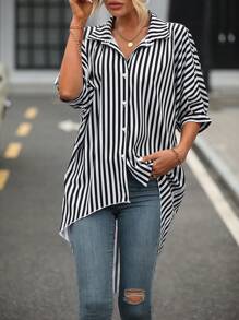 SHEIN LUNE Striped Print Batwing Sleeve High Low Hem Shirt - Black and White - View 4