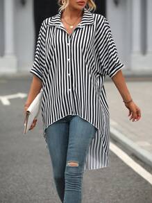 SHEIN LUNE Striped Print Batwing Sleeve High Low Hem Shirt - Black and White - View 5