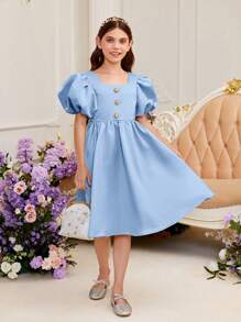 Vestido para niñas preadolescentes con cuello cuadrado, manga hinchada y botones en la parte frontal - Celeste - Ver 3