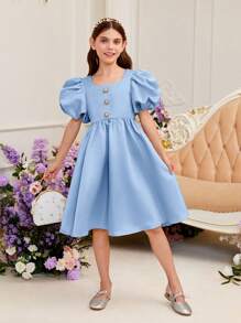 Vestido para niñas preadolescentes con cuello cuadrado, manga hinchada y botones en la parte frontal - Celeste - Ver 4
