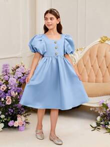 Vestido para niñas preadolescentes con cuello cuadrado, manga hinchada y botones en la parte frontal - Celeste - Ver 7
