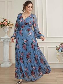 大碼波西米亞花卉印花連衣裙 - 霧霾藍 - 查看 1