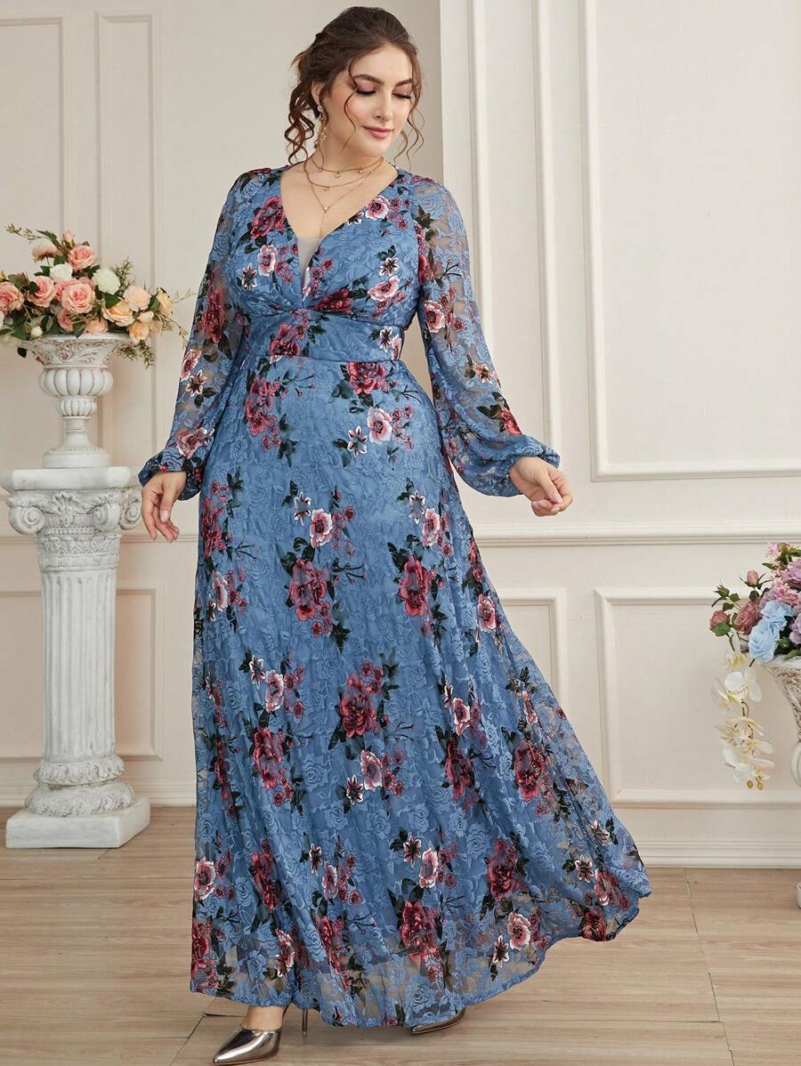 大碼波西米亞花卉印花連衣裙 - 霧霾藍 - 查看 1