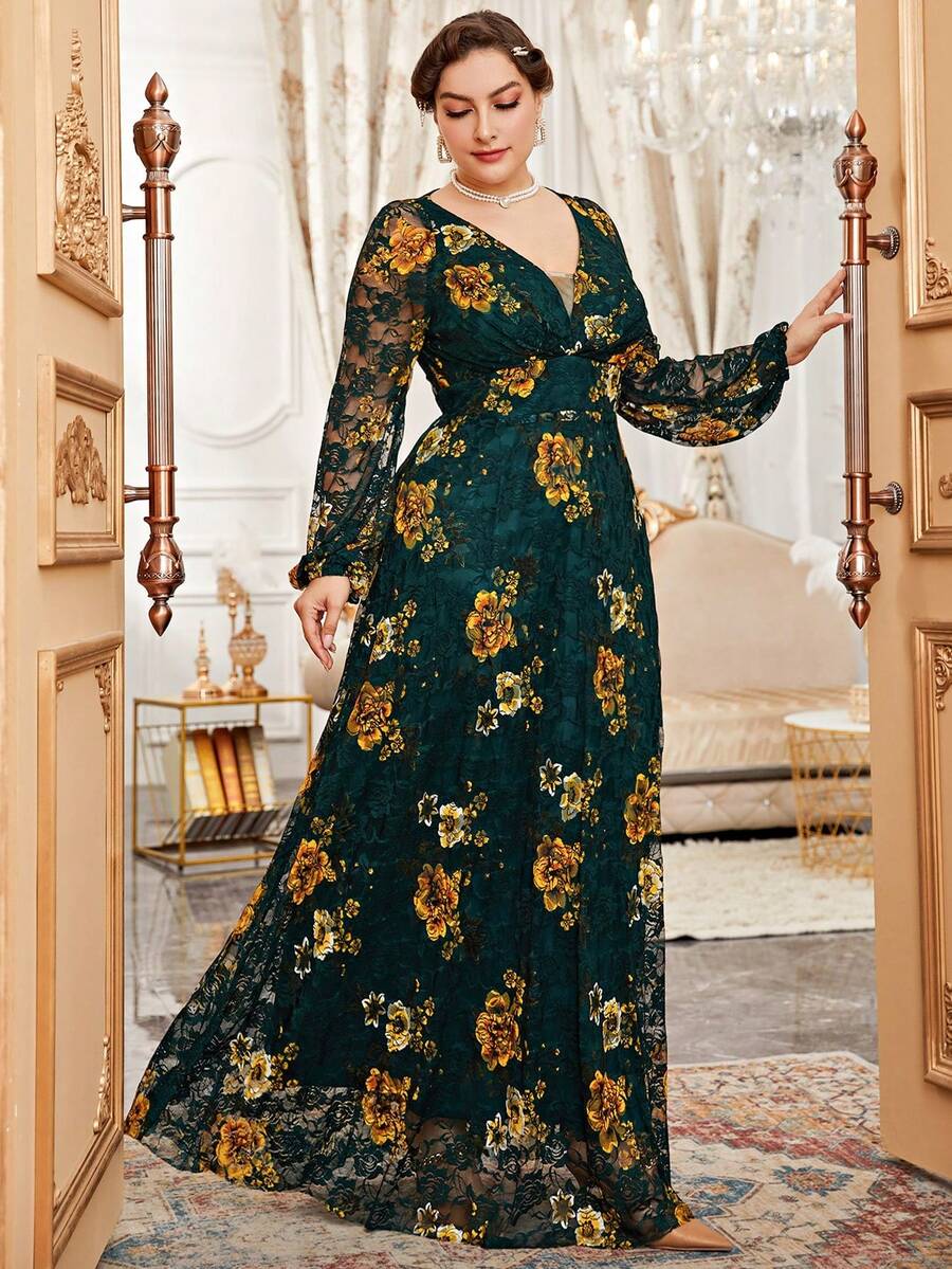 大碼優雅拉鍊花卉印花 全身印花連衣裙 - 墨綠色 - 查看 1