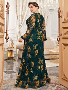 大碼優雅拉鍊花卉印花 全身印花連衣裙 - 墨綠色 - 查看 2