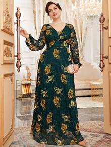 大碼優雅拉鍊花卉印花 全身印花連衣裙 - 墨綠色 - 查看 3