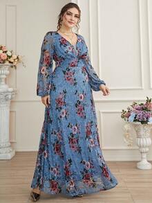 大碼波西米亞花卉印花連衣裙 - 霧霾藍 - 查看 4