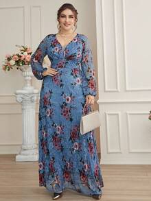 大碼波西米亞花卉印花連衣裙 - 霧霾藍 - 查看 6