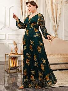 大碼優雅拉鍊花卉印花 全身印花連衣裙 - 墨綠色 - 查看 6