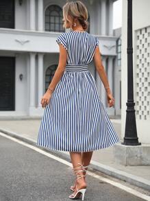 SHEIN LUNE Striped Print Batwing Sleeve Dress - Blue and White - View 2