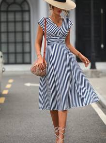 SHEIN LUNE Striped Print Batwing Sleeve Dress - Blue and White - View 3