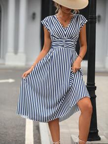SHEIN LUNE Striped Print Batwing Sleeve Dress - Blue and White - View 4