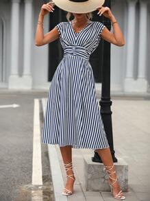 SHEIN LUNE Striped Print Batwing Sleeve Dress - Blue and White - View 5