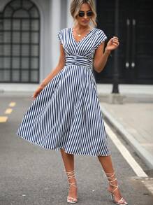 SHEIN LUNE Striped Print Batwing Sleeve Dress - Blue and White - View 6