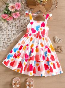 SHEIN Young Girl Heart Print Bow Shoulder Ruffle Hem Cami Dress - Multicolor - View 2