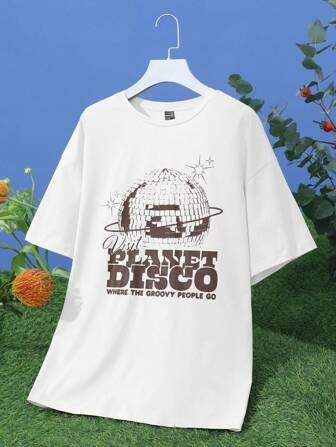 splusmart Artist Retro Street Slogan & Cartoon Graphic Drop Shoulder Tee, Visit PLANET DISCO WHERE THE GROOVY PEOPLE GO, For Summer, 95% Cotton, Holiday, Vacation, Spring, Festival, Ibiza Fits, Western Wear