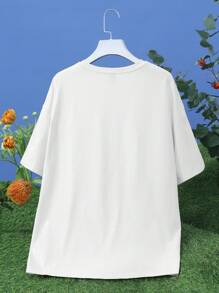 splusmart Artist Retro Street Slogan & Cartoon Graphic Drop Shoulder Tee, Visit PLANET DISCO WHERE THE GROOVY PEOPLE GO, For Summer, 95% Cotton, Holiday, Vacation, Spring, Festival, Ibiza Fits, Western Wear - White - View 2