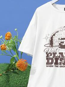 splusmart Artist Retro Street Slogan & Cartoon Graphic Drop Shoulder Tee, Visit PLANET DISCO WHERE THE GROOVY PEOPLE GO, For Summer, 95% Cotton, Holiday, Vacation, Spring, Festival, Ibiza Fits, Western Wear - White - View 3