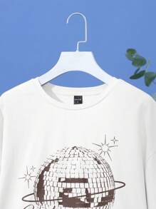 splusmart Artist Retro Street Slogan & Cartoon Graphic Drop Shoulder Tee, Visit PLANET DISCO WHERE THE GROOVY PEOPLE GO, For Summer, 95% Cotton, Holiday, Vacation, Spring, Festival, Ibiza Fits, Western Wear - White - View 4