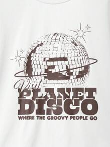splusmart Artist Retro Street Slogan & Cartoon Graphic Drop Shoulder Tee, Visit PLANET DISCO WHERE THE GROOVY PEOPLE GO, For Summer, 95% Cotton, Holiday, Vacation, Spring, Festival, Ibiza Fits, Western Wear - White - View 5