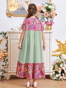 SHEIN 女孩幾何印花荷葉邊娃娃裙 - 薄荷綠 - 查看 2