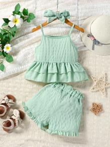 SHEIN Vintaside Kids Young Girl Ruffle Hem Cami Top & Shorts & Headband - Mint Green - View 2