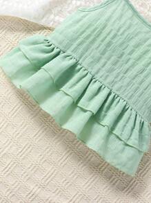 SHEIN Vintaside Kids Young Girl Ruffle Hem Cami Top & Shorts & Headband - Mint Green - View 3