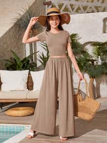SHEIN Teen Girls Solid Crop Tee & Wide Leg Trousers - Mocha Brown - View 1