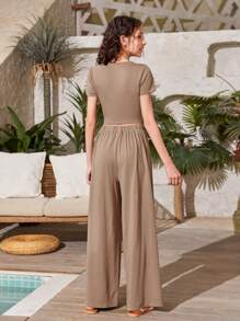 SHEIN Teen Girls Solid Crop Tee & Wide Leg Trousers - Mocha Brown - View 2