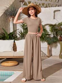 SHEIN Teen Girls Solid Crop Tee & Wide Leg Trousers - Mocha Brown - View 4