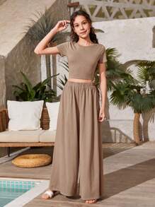 SHEIN Teen Girls Solid Crop Tee & Wide Leg Trousers - Mocha Brown - View 6