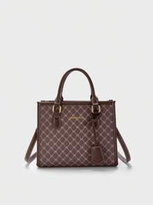 BELLEBORG 幾何樣式方包雙把手撞色滾邊 - 咖啡棕 - 查看 1