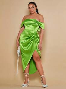 SHEIN BAE Plus Off Shoulder Ruched Split Thigh Satin Dress - Lime Green - View 1