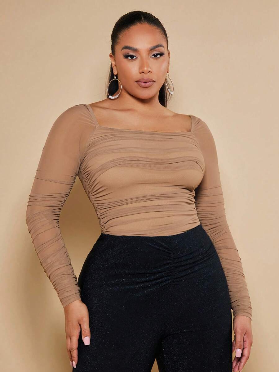 SHEIN BAE Áo sơ mi Plus Size Xù Tương phản Mesh màu trơn Giải trí - Màu Khaki - Xem 1