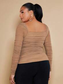 SHEIN BAE Áo sơ mi Plus Size Xù Tương phản Mesh màu trơn Giải trí - Màu Khaki - Xem 2