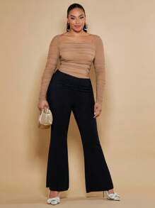 SHEIN BAE Áo sơ mi Plus Size Xù Tương phản Mesh màu trơn Giải trí - Màu Khaki - Xem 3