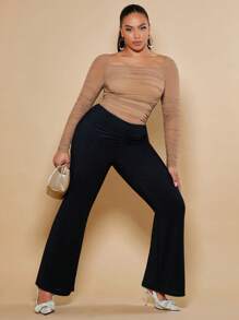 SHEIN BAE Áo sơ mi Plus Size Xù Tương phản Mesh màu trơn Giải trí - Màu Khaki - Xem 4