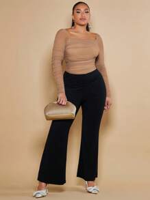 SHEIN BAE Áo sơ mi Plus Size Xù Tương phản Mesh màu trơn Giải trí - Màu Khaki - Xem 5