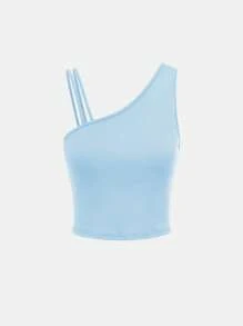 SHEIN Tank Tops & Camis Bé Gái Bất đối xứng Gân đan màu trơn Giải trí - Màu xanh nhạt - Xem 1